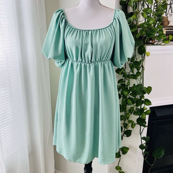 See You Monday Anthropologie Sea Foam Green Puffy Peasant Style Dress Size Large - Picture 1 of 7